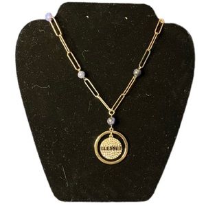 ‘Blessed’ Gold Tone Paper Clip Statement Necklace with Blue Beading